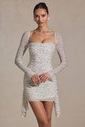 Embellished Draped Cowl-Neck Mini Dress in White – view 1
