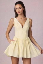 Bow-Detail A-Line Mini Dress in Lemon Yellow Stripe