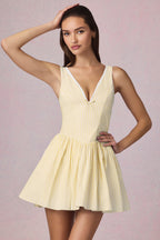 Bow-Detail A-Line Mini Dress in Lemon Yellow Stripe