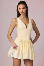 Bow-Detail A-Line Mini Dress in Lemon Yellow Stripe