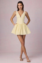 Bow-Detail A-Line Mini Dress in Lemon Yellow Stripe
