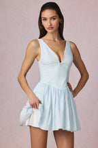 Bow-Detail A-Line Mini Dress in Powder Blue Stripe