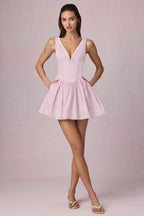 Bow-Detail A-Line Mini Dress in Soft Mauve Stripe