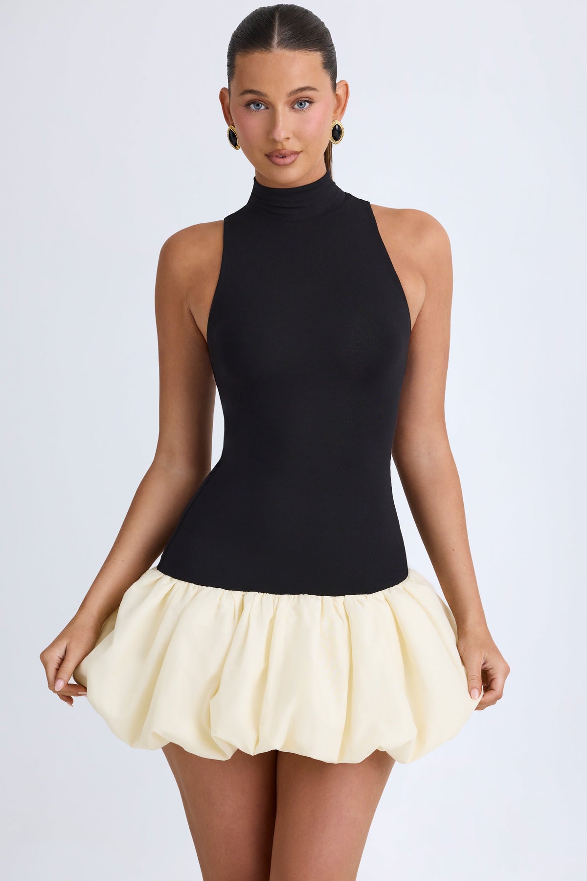 Modal Turtleneck Drop-Waist Bubble Hem Mini Dress in Black – view 1