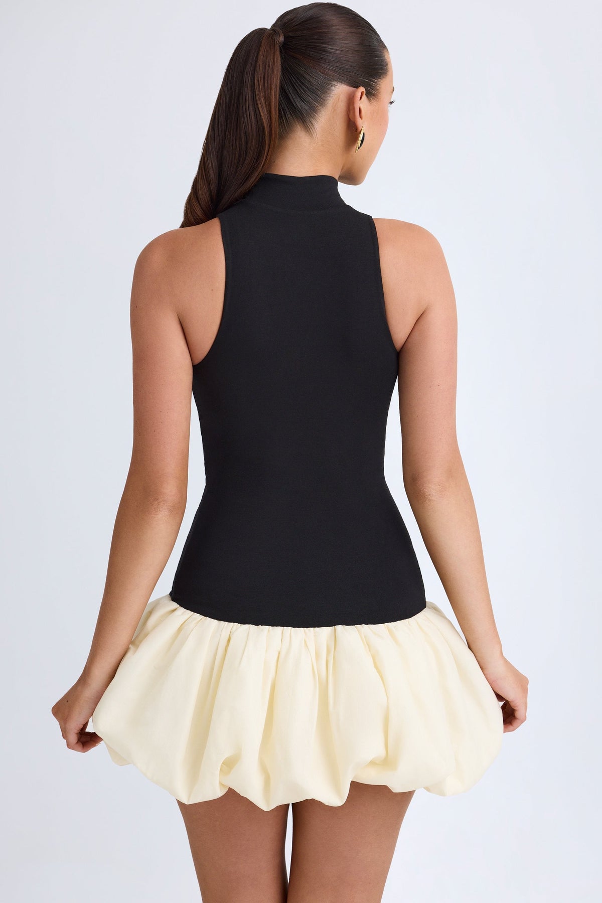 Modal Turtleneck Drop-Waist Bubble Hem Mini Dress in Black – view 3