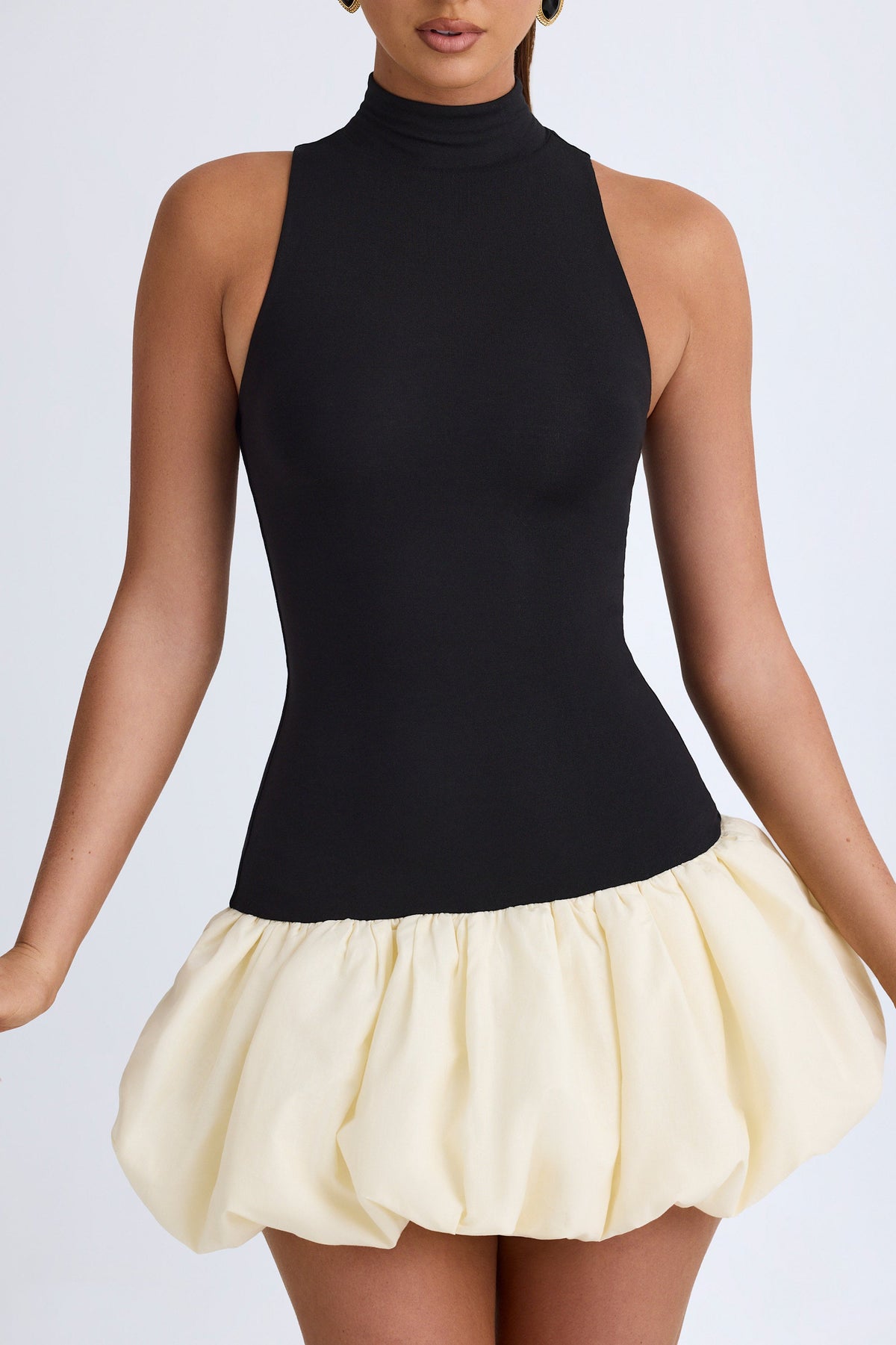 Modal Turtleneck Drop-Waist Bubble Hem Mini Dress in Black – view 5
