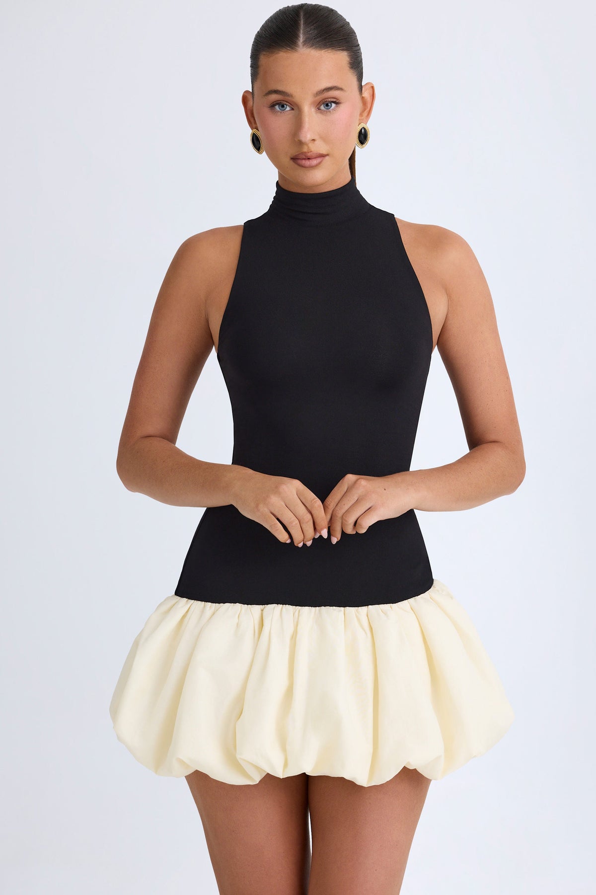 Modal Turtleneck Drop-Waist Bubble Hem Mini Dress in Black – view 7