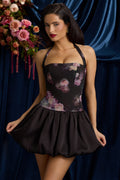 Halterneck Lace-Up Bubble Hem Mini Dress in Black Floral Print – view 1