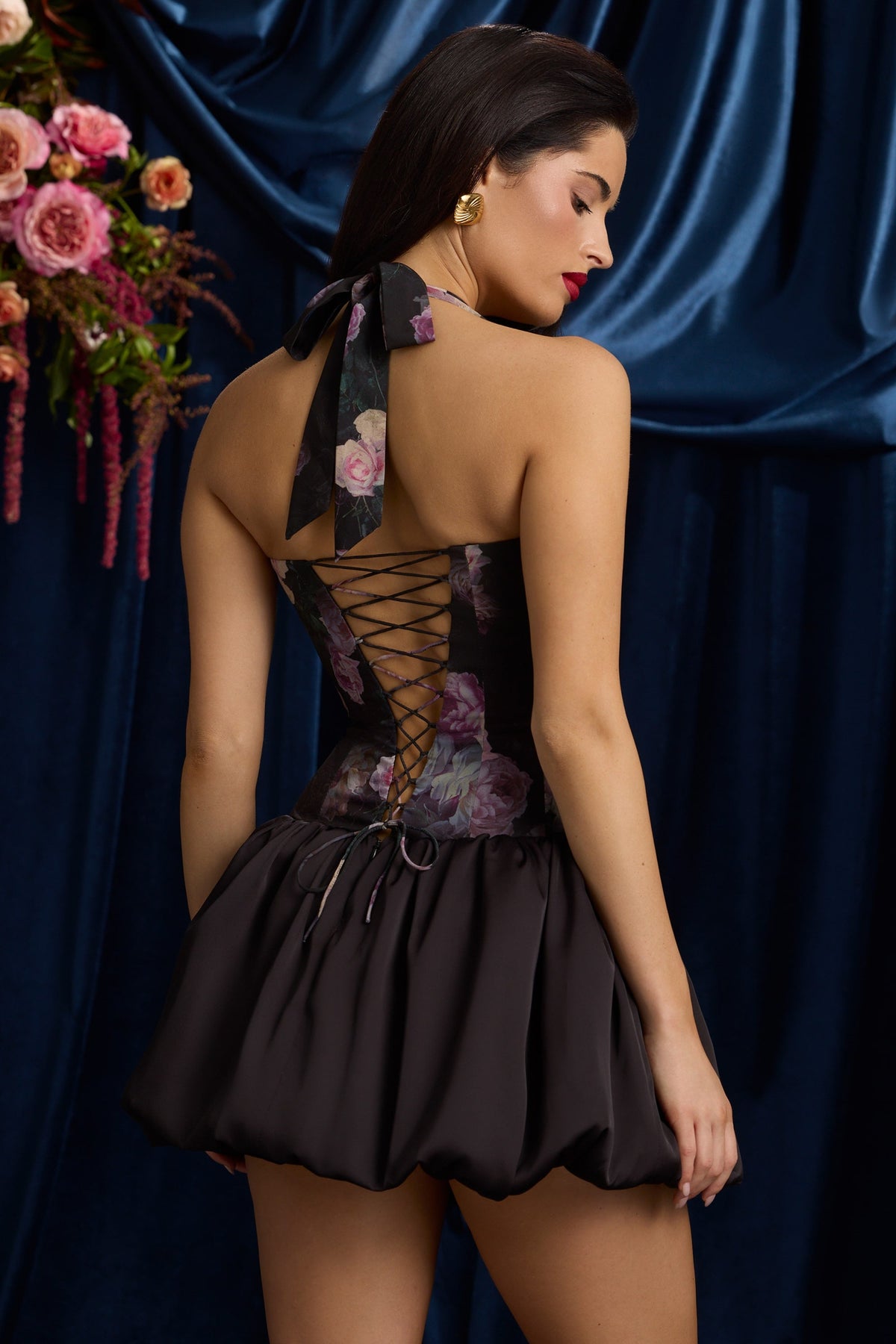 Halterneck Lace-Up Bubble Hem Mini Dress in Black Floral Print – view 14