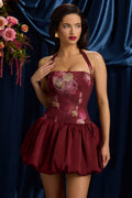 Halterneck Lace-Up Bubble Hem Mini Dress in Maroon Floral Print – view 1
