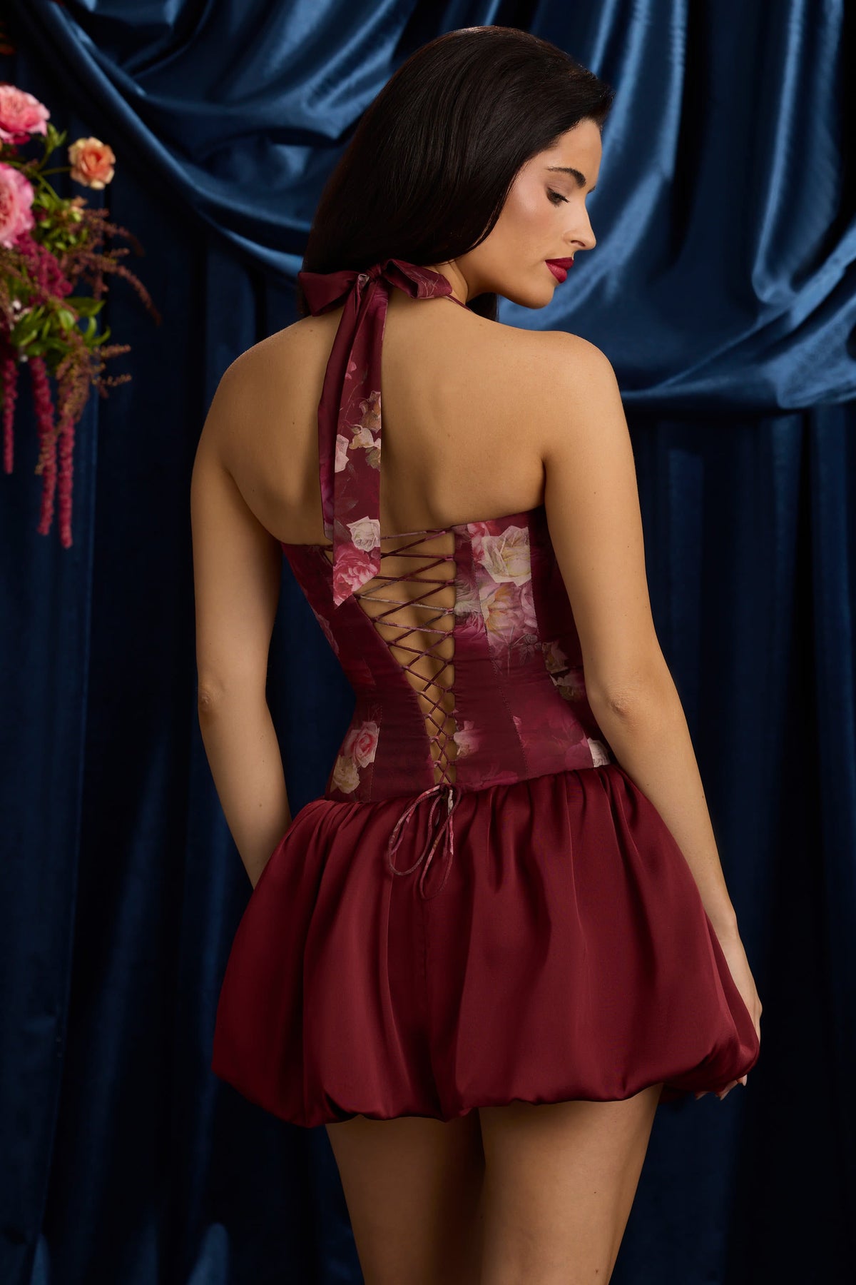 Halterneck Lace-Up Bubble Hem Mini Dress in Maroon Floral Print – view 15