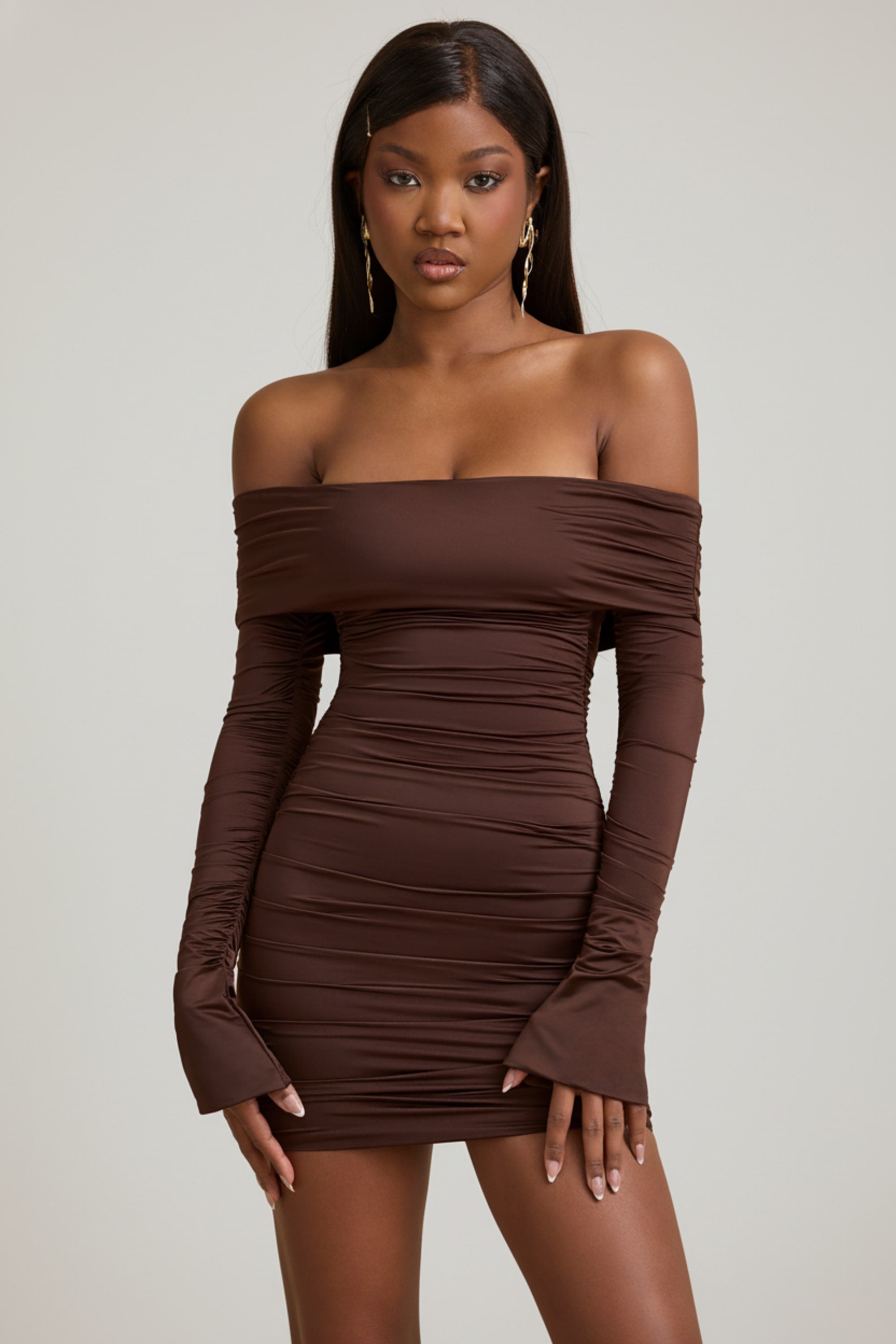 Bow-Detail Off-Shoulder Mini Dress in Chocolate Brown