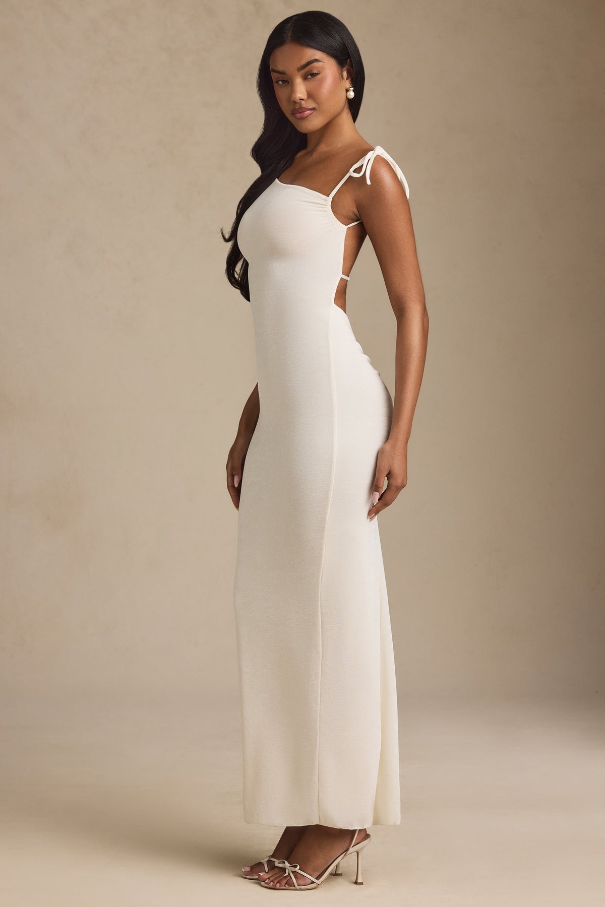 Textured Jersey Backless Maxi Dress in Ivory – view 6