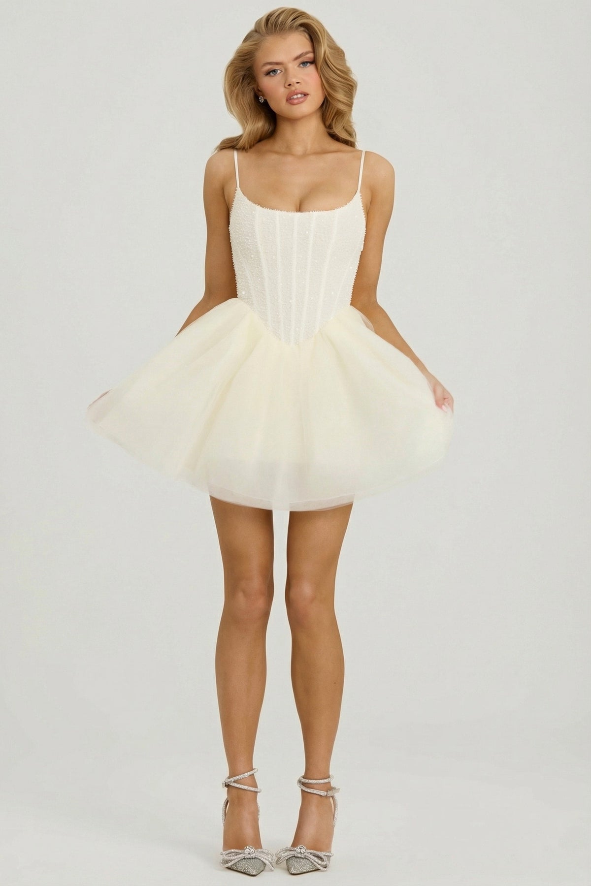 Embellished Corset Tulle Skirt Mini Dress in White – view 4