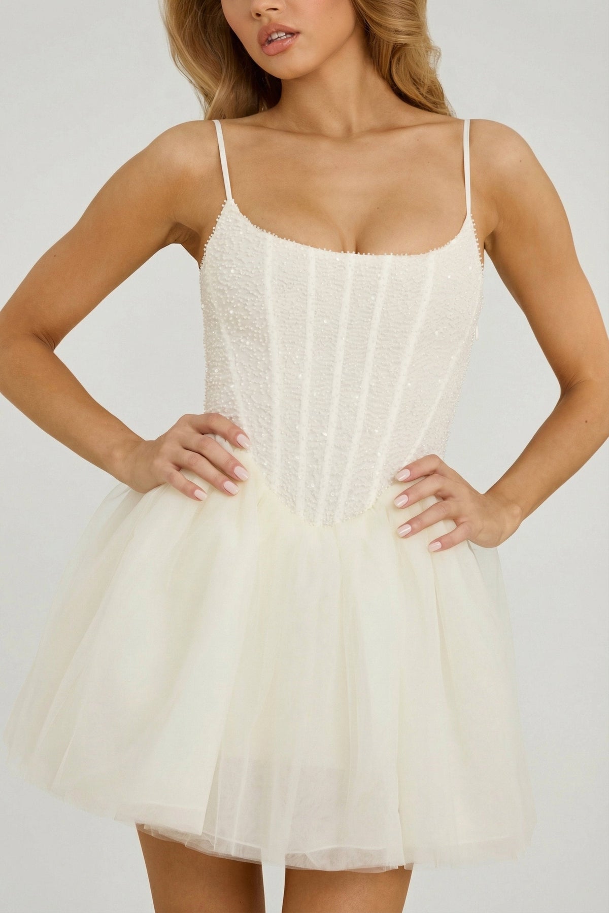 Embellished Corset Tulle Skirt Mini Dress in White – view 3