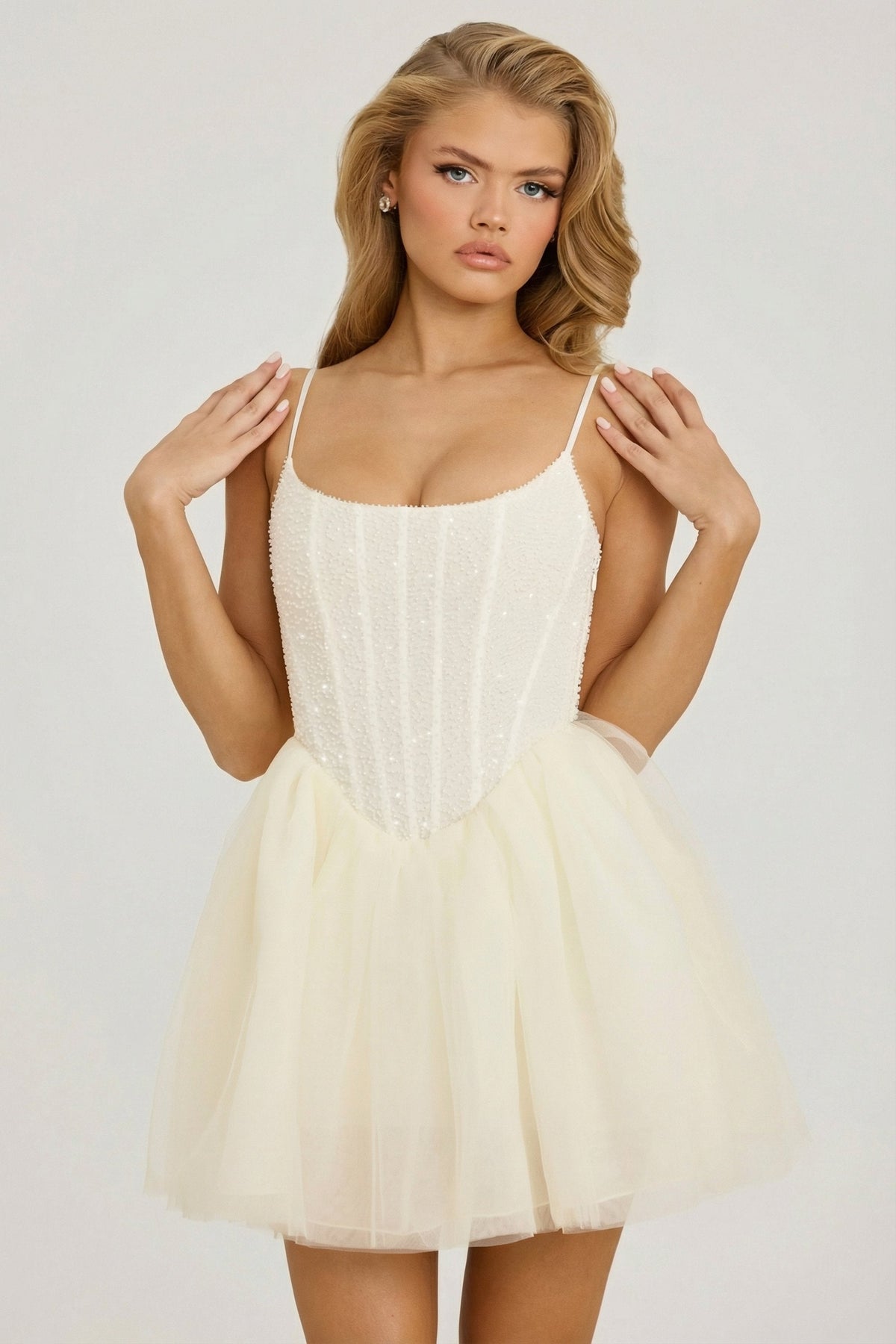 Embellished Corset Tulle Skirt Mini Dress in White – view 6