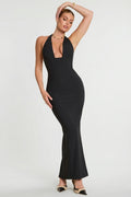 Woven Twill Halter Neck Plunge Maxi Dress in Black – view 1