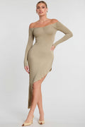 Long Sleeve Off-The-Shoulder Modal Cashmere Blend Maxi Dress in Taupe – view 1