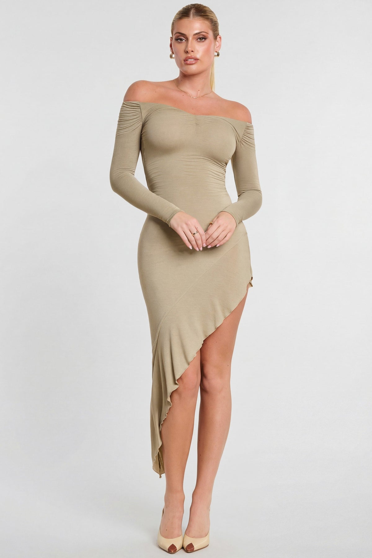 Long Sleeve Off-The-Shoulder Modal Cashmere Blend Maxi Dress in Taupe – view 5