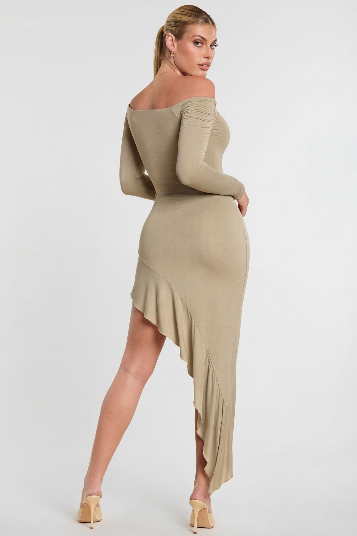 Long Sleeve Off-The-Shoulder Modal Cashmere Blend Maxi Dress in Taupe – view 2
