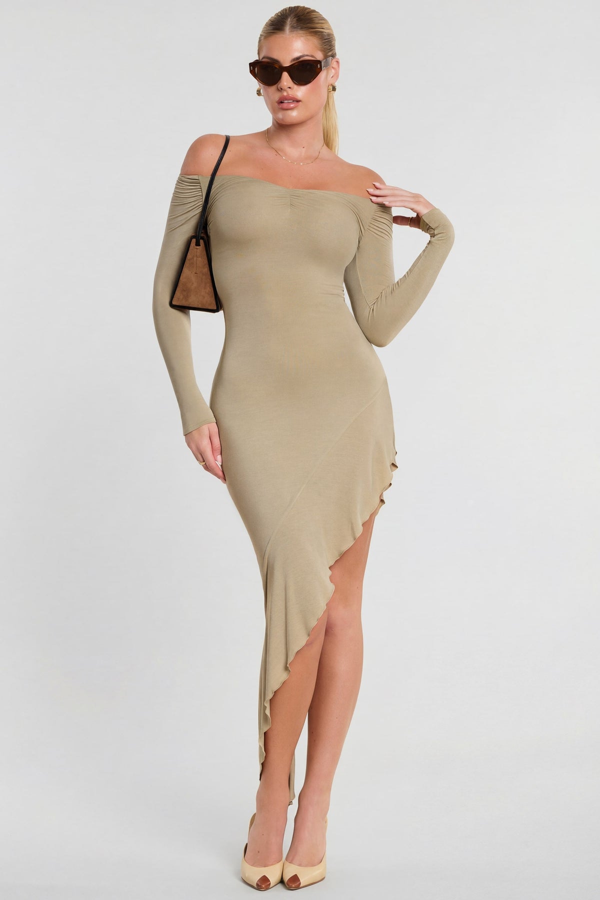 Long Sleeve Off-The-Shoulder Modal Cashmere Blend Maxi Dress in Taupe – view 8