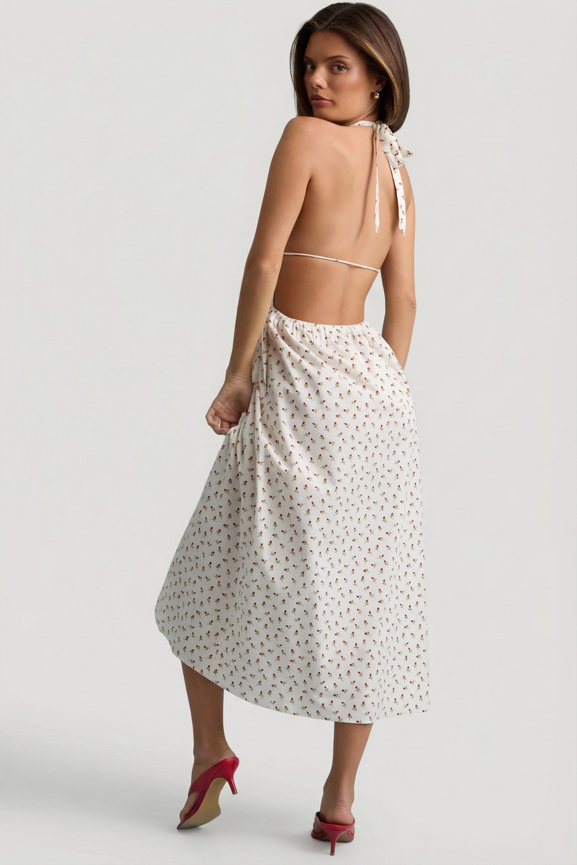 Backless Cotton-Poplin Midaxi Dress in Rose Print