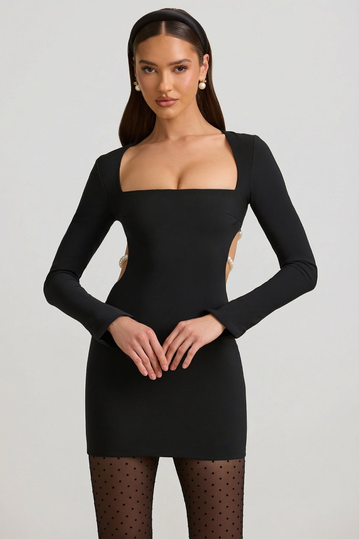 Pearl-Detail Cut-Out Mini Dress in Black – view 7