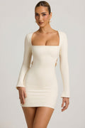 Pearl-Detail Cut-Out Mini Dress in Ivory – view 1