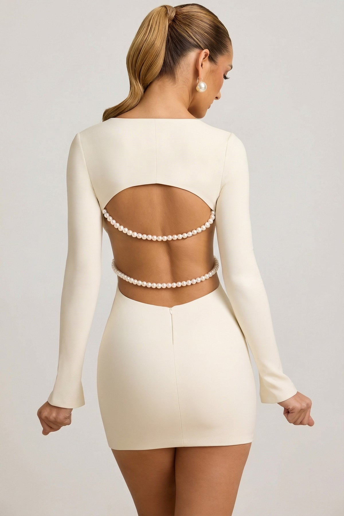 Pearl-Detail Cut-Out Mini Dress in Ivory – view 2