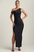 Ruched Asymmetric One-Shoulder Maxi Dress in Black – view 1