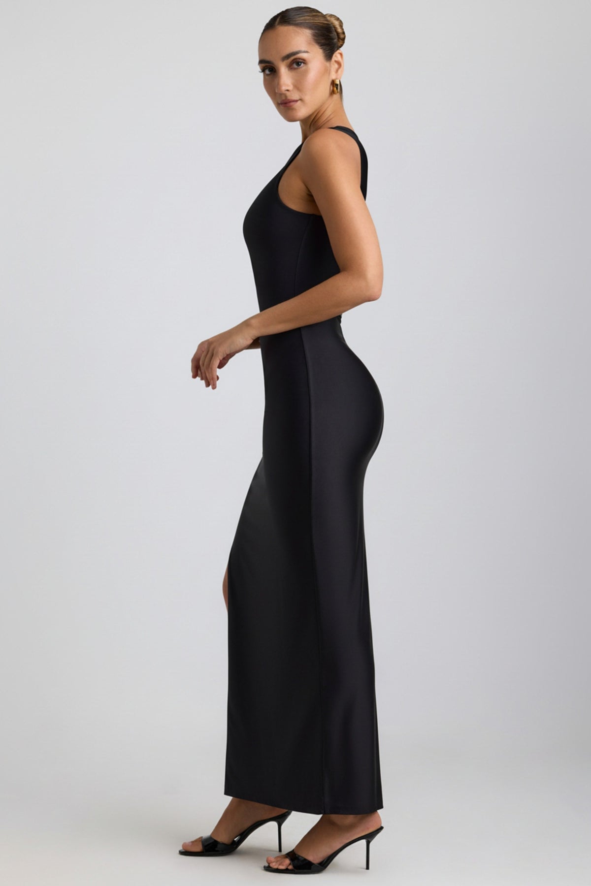 Ruched Asymmetric One-Shoulder Maxi Dress in Black – view 6
