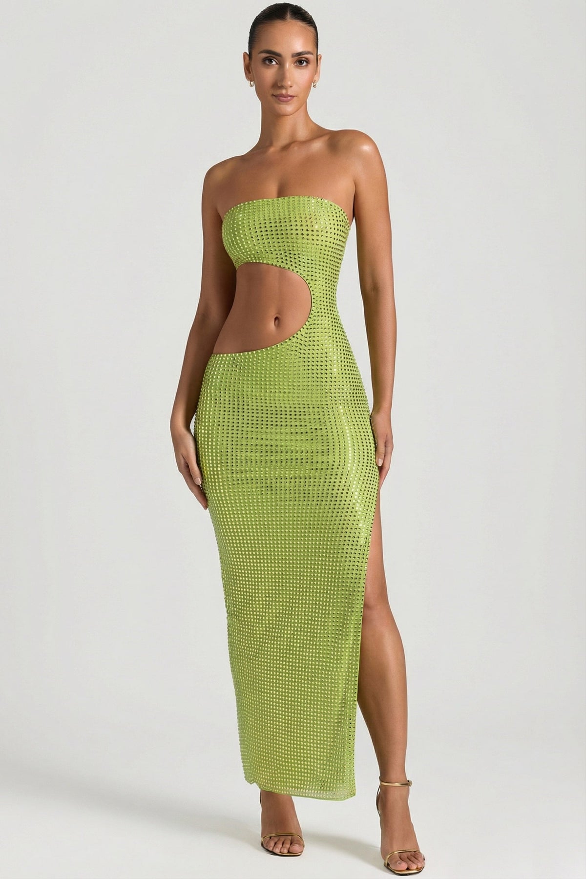Embellished Cut-Out Bandeau Maxi Dress in Pear Green – view 1