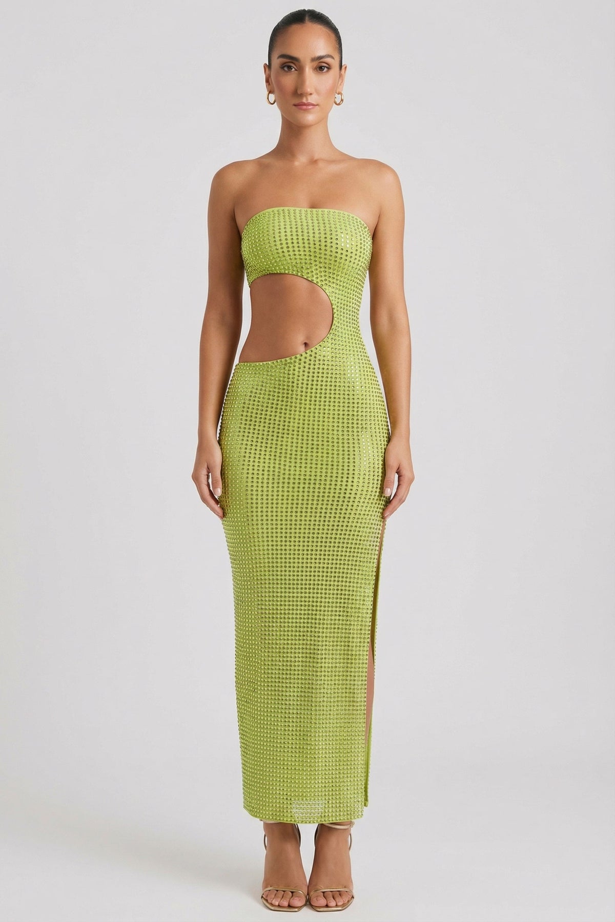 Embellished Cut-Out Bandeau Maxi Dress in Pear Green – view 7