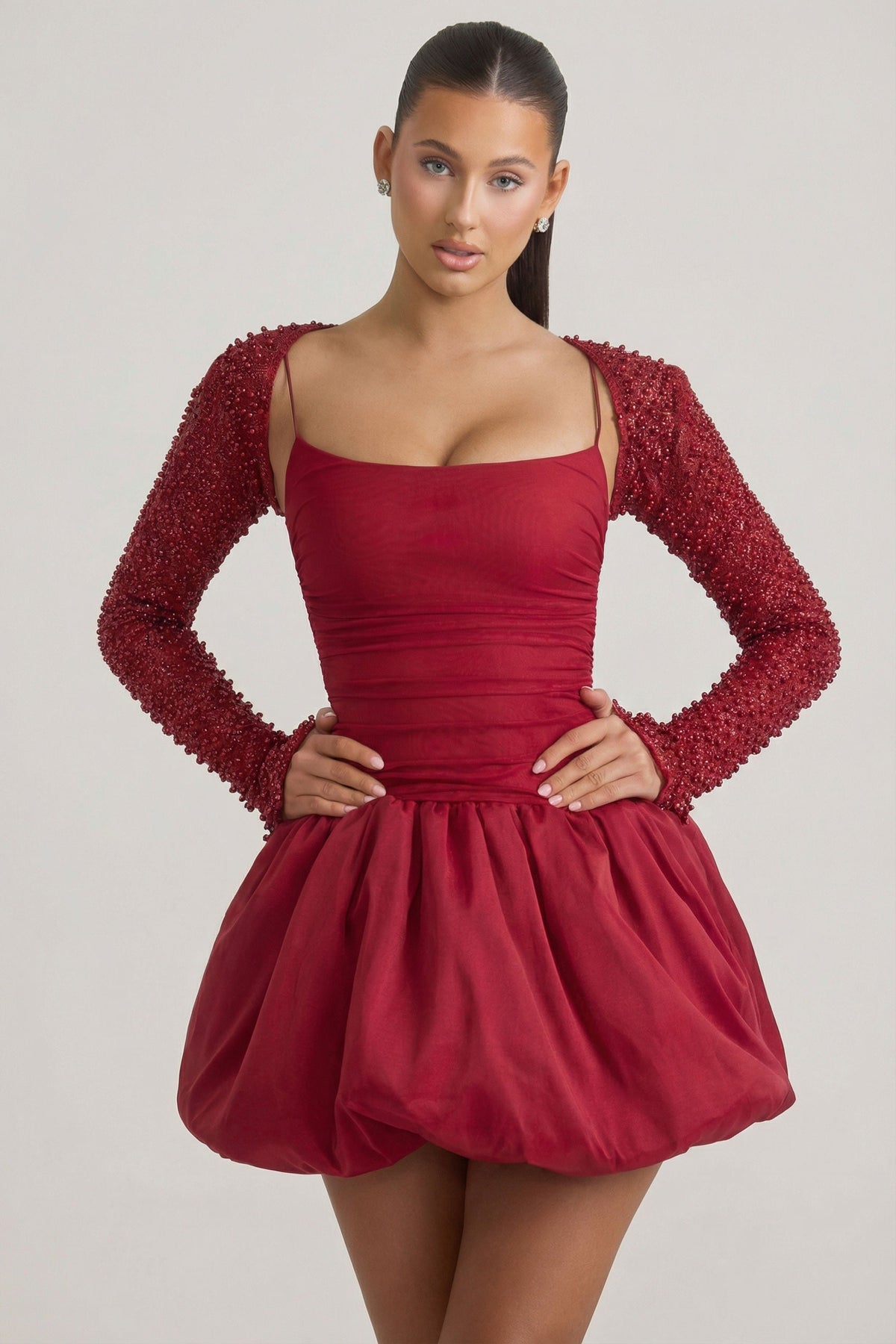 Embellished Bubble Hem Mini Dress in Red – view 7