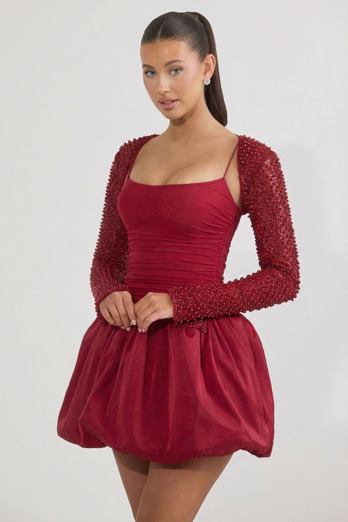 Embellished Bubble Hem Mini Dress in Red – view 8