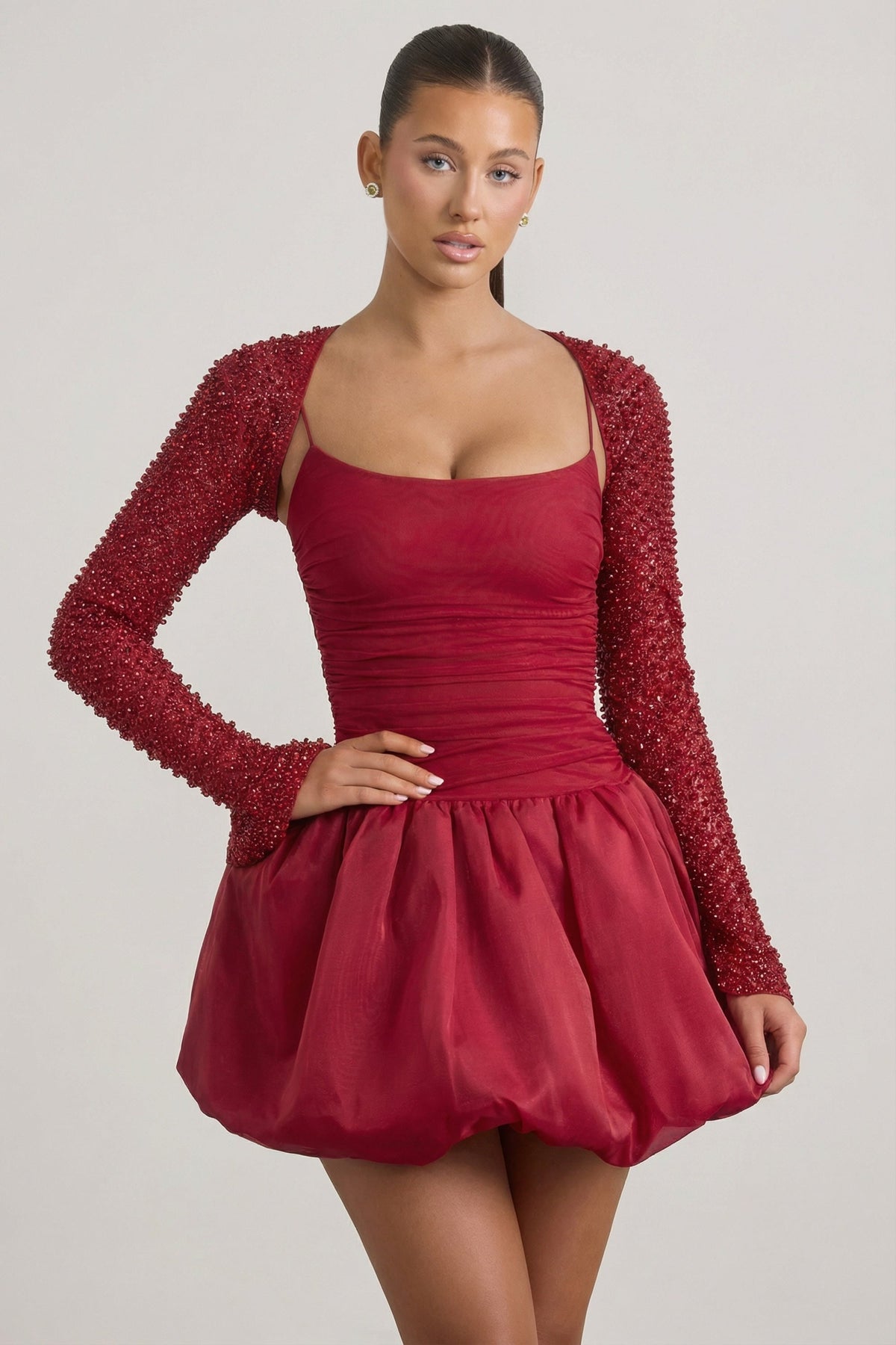 Embellished Bubble Hem Mini Dress in Red – view 9