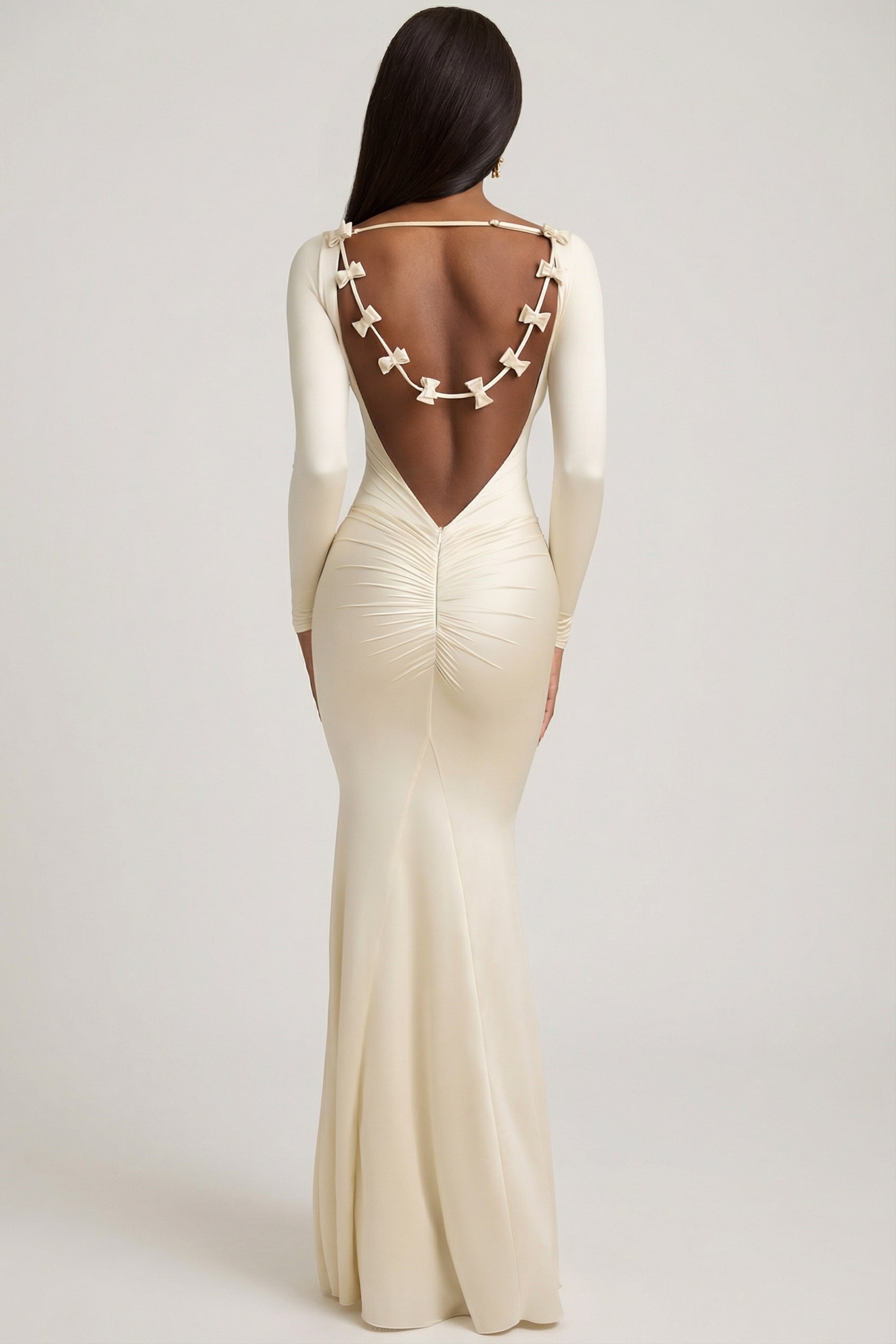 Bow-Detail Ruched Maxi Dress in Ivory