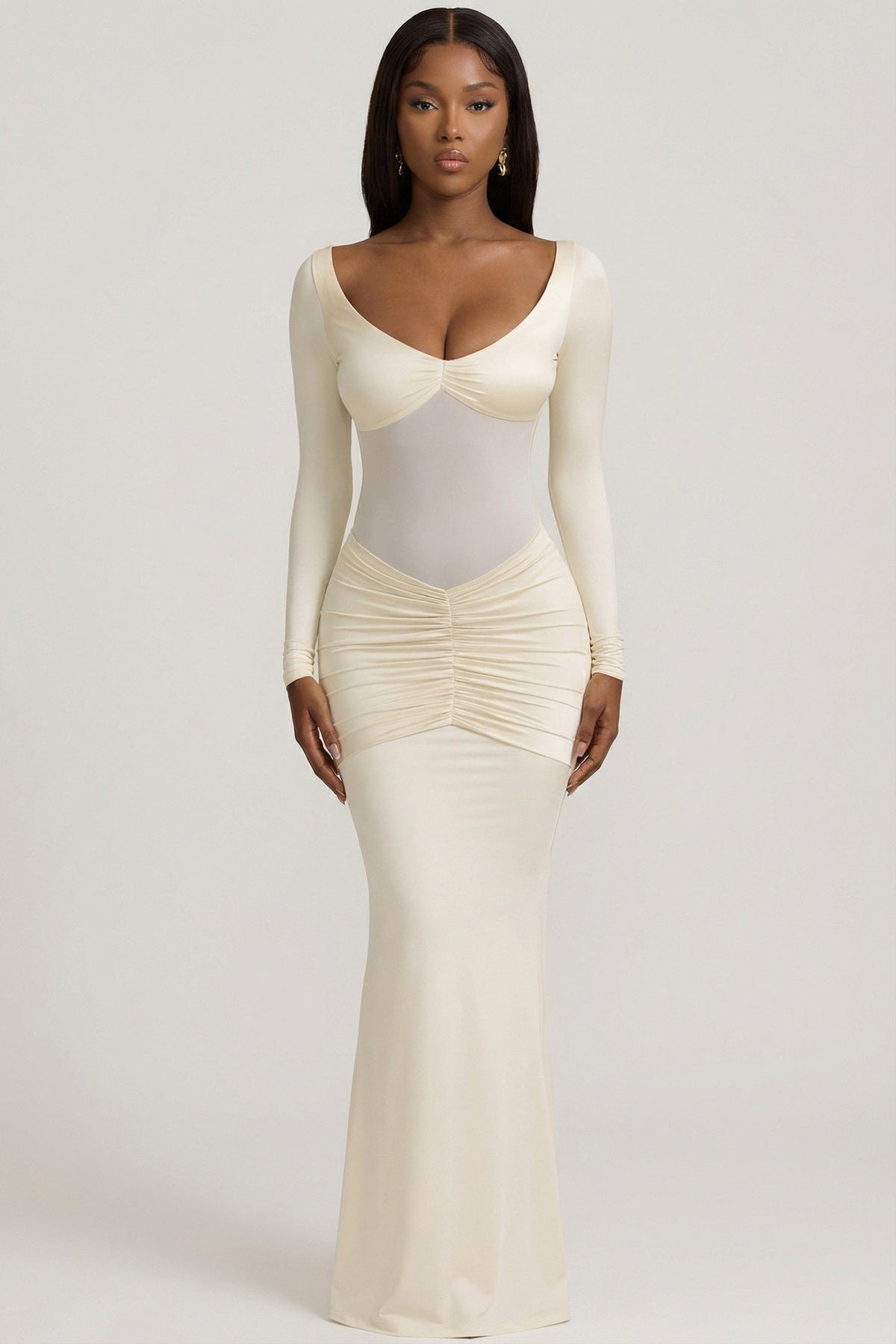 Bow-Detail Ruched Maxi Dress in Ivory – view 6