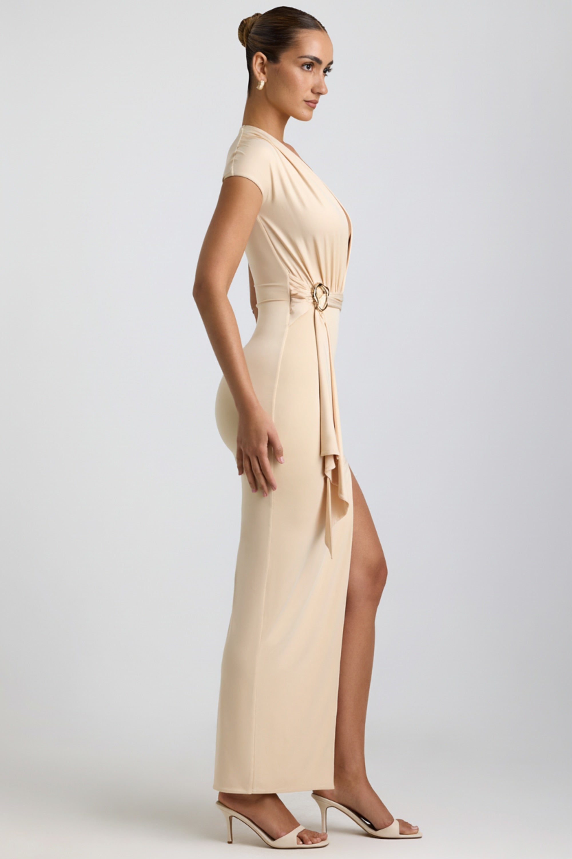 Slinky Jersey Plunge Hardware Detail Maxi Dress in Buttercream – view 3