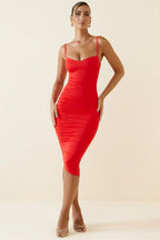 Asymmetric Ruched Midi Dress in Scarlet