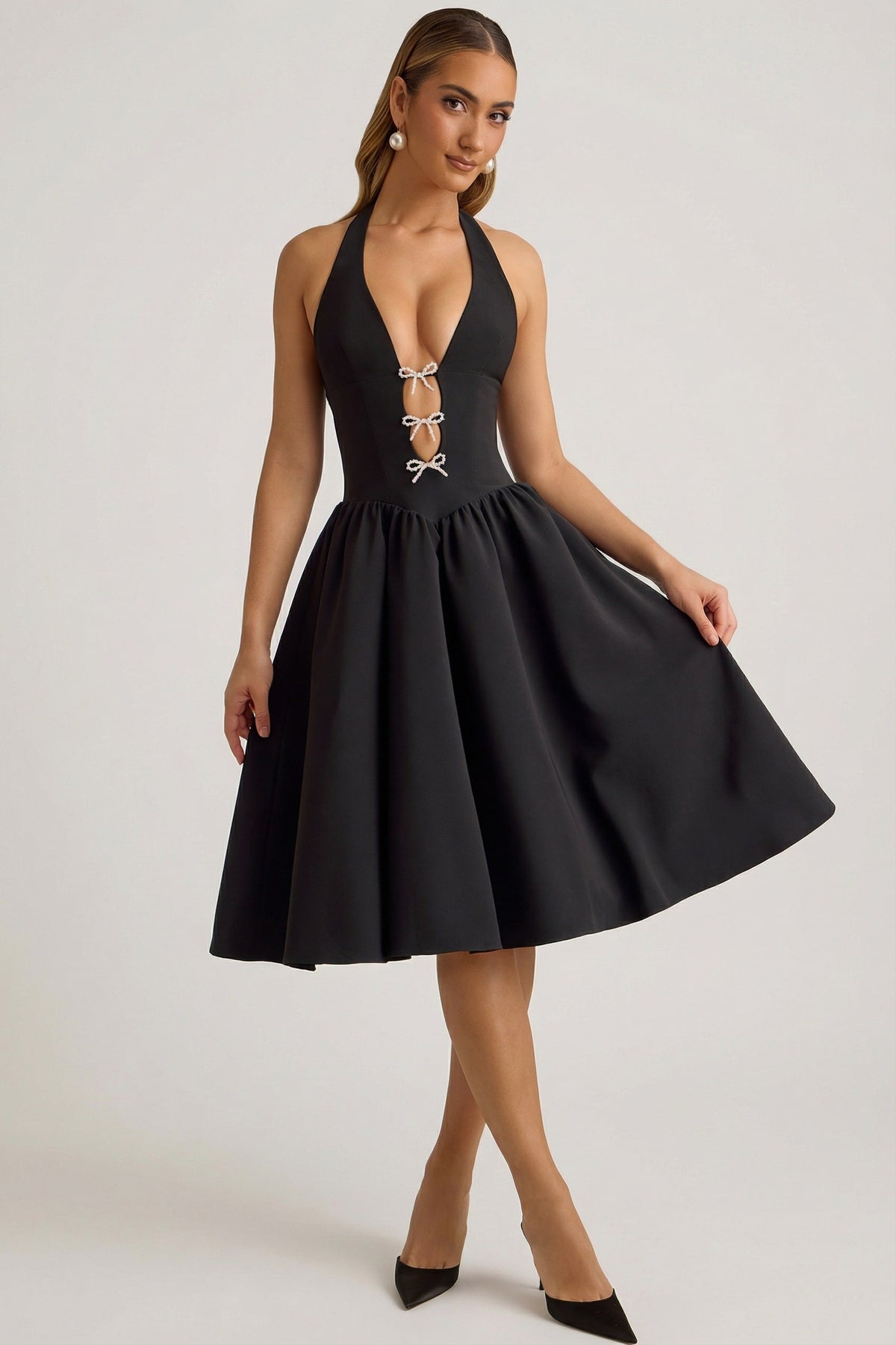 Halterneck Bow-Detail Midi Dress in Black – view 1