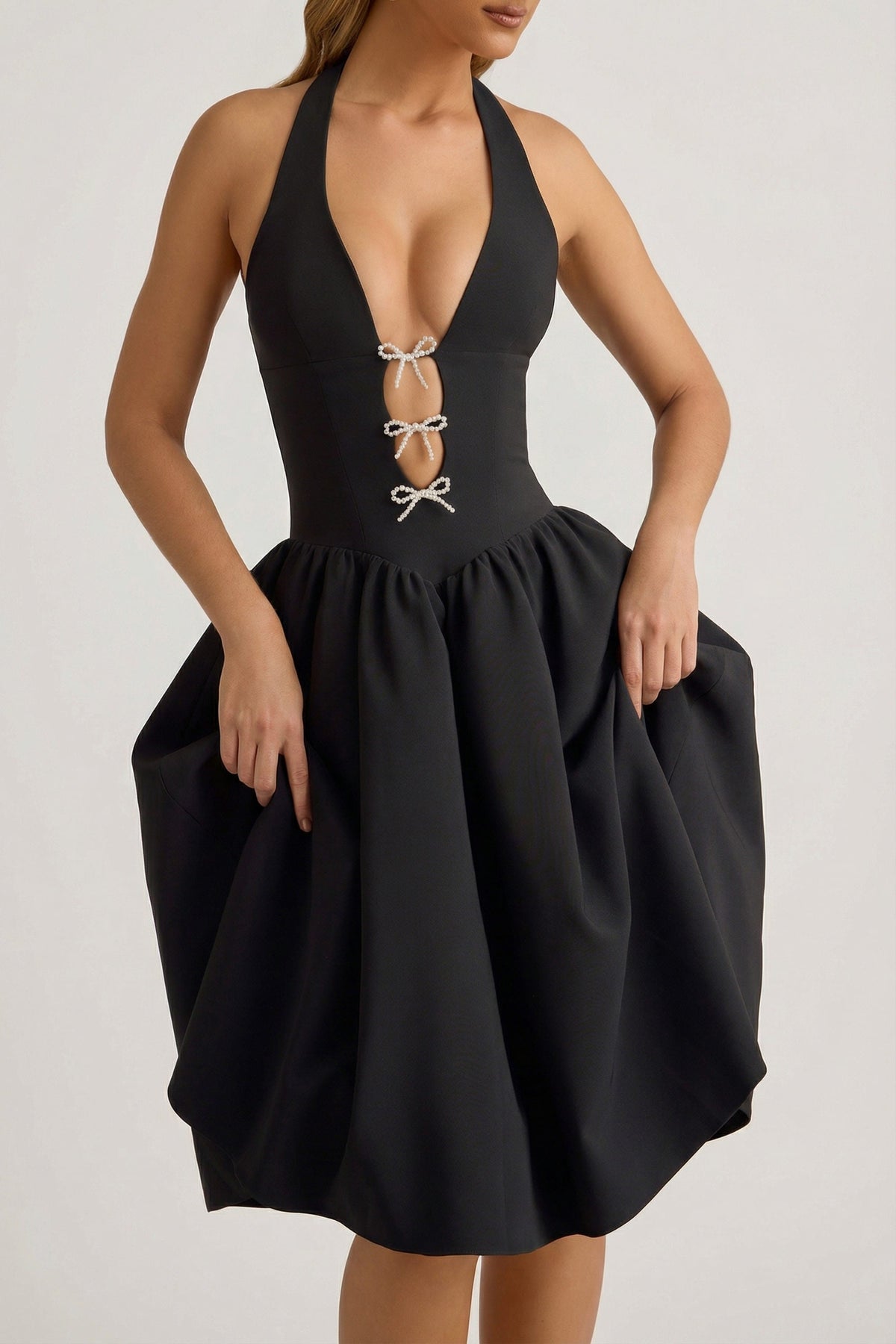 Halterneck Bow-Detail Midi Dress in Black – view 3
