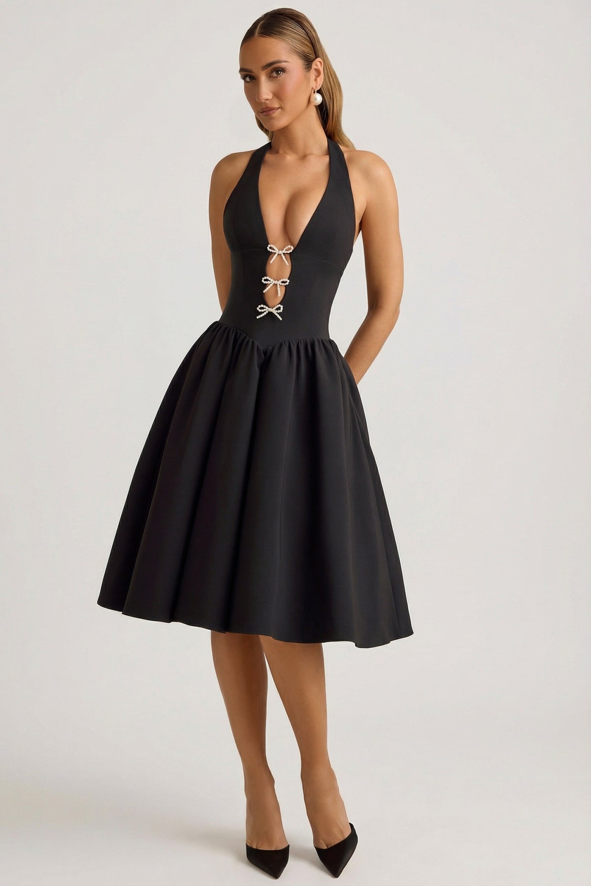 Halterneck Bow-Detail Midi Dress in Black – view 7