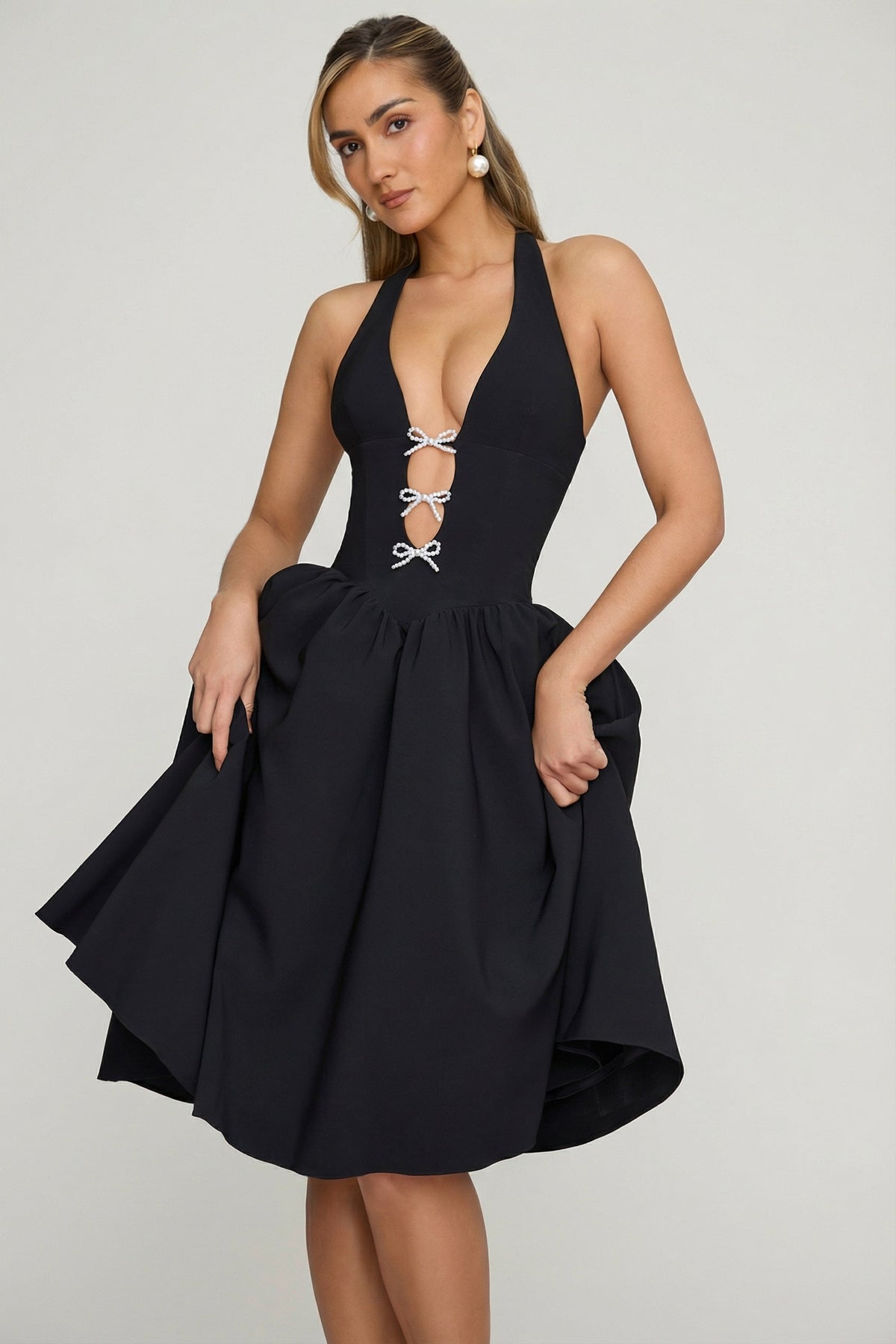 Halterneck Bow-Detail Midi Dress in Black – view 8