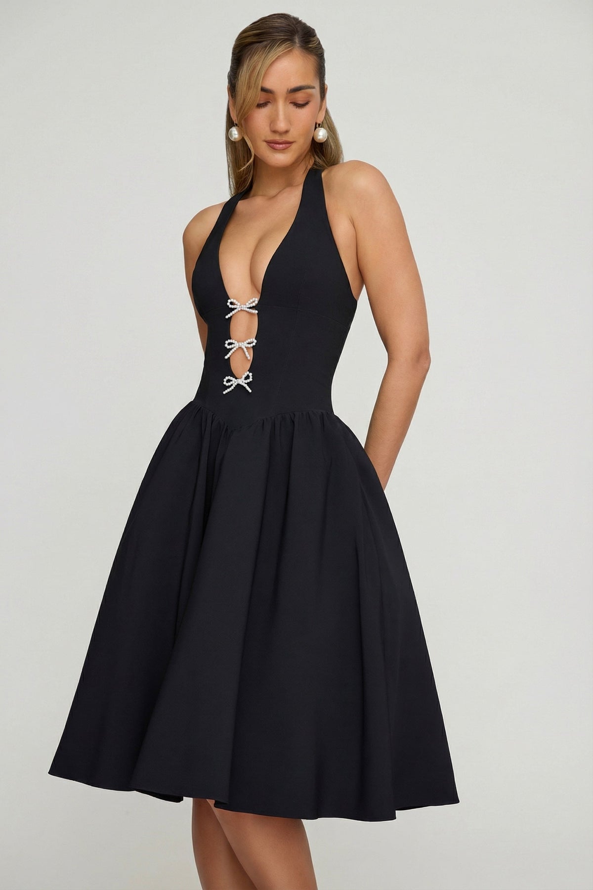 Halterneck Bow-Detail Midi Dress in Black – view 6