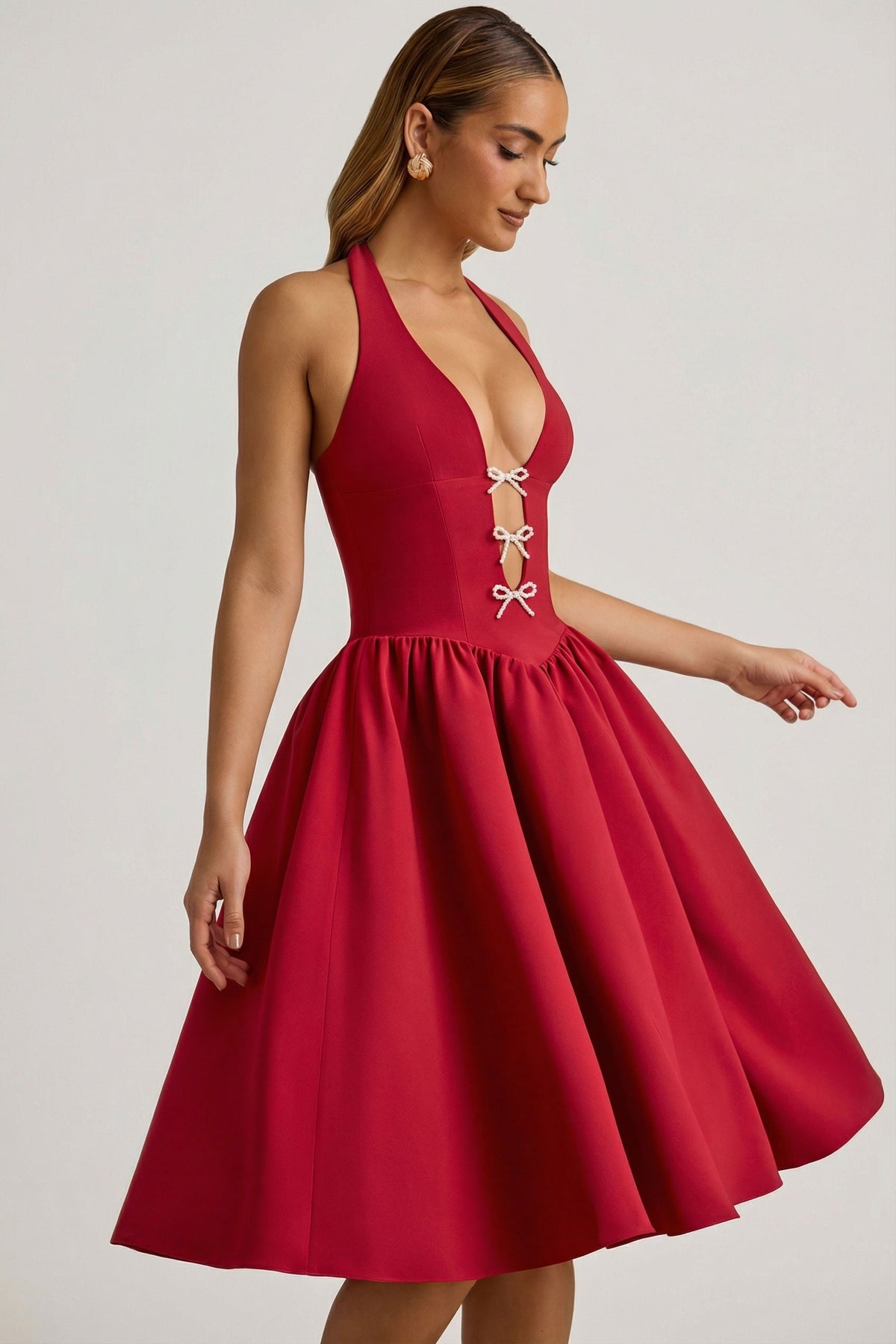 Halterneck Bow-Detail Midi Dress in True Red – view 5