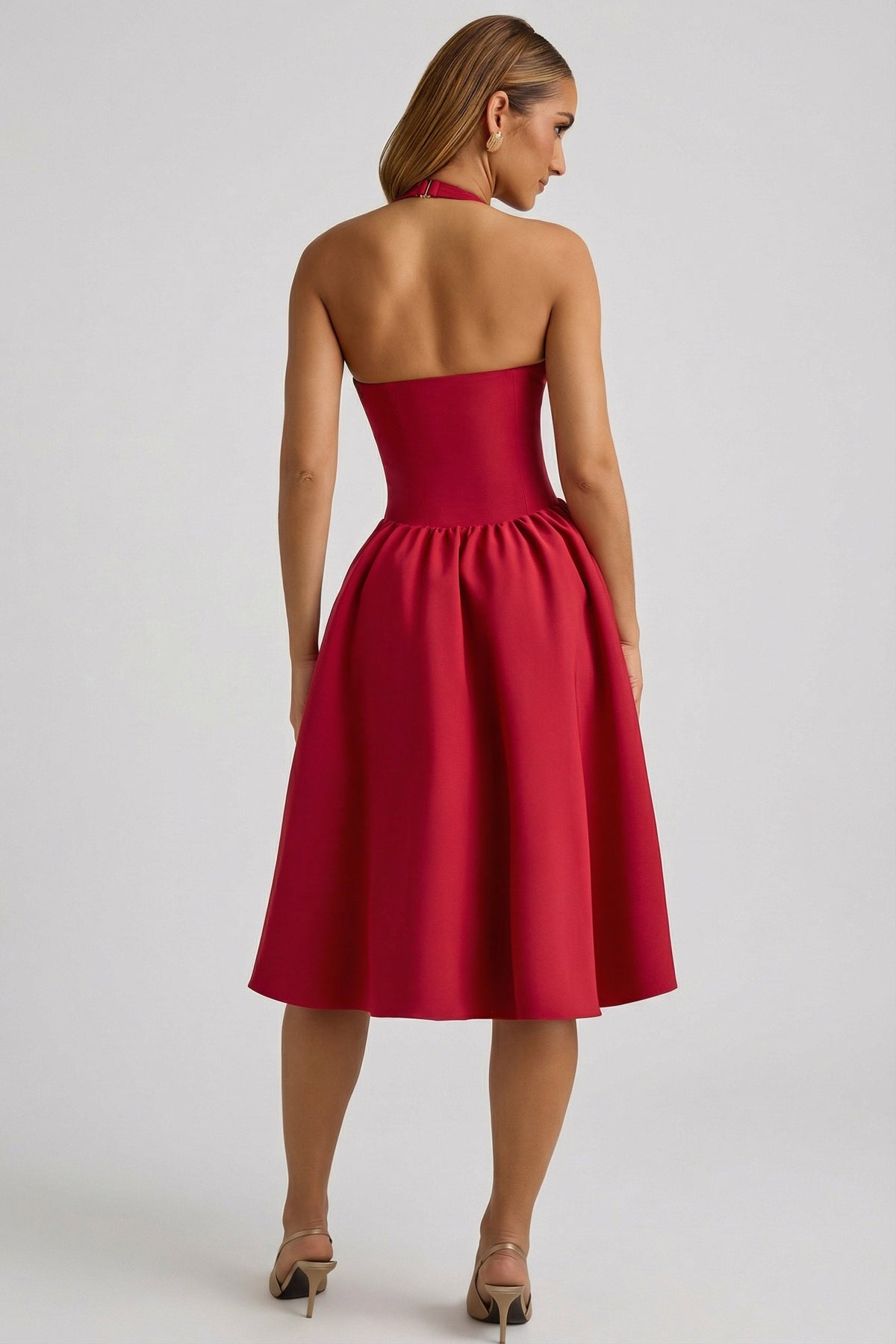 Halterneck Bow-Detail Midi Dress in True Red – view 2
