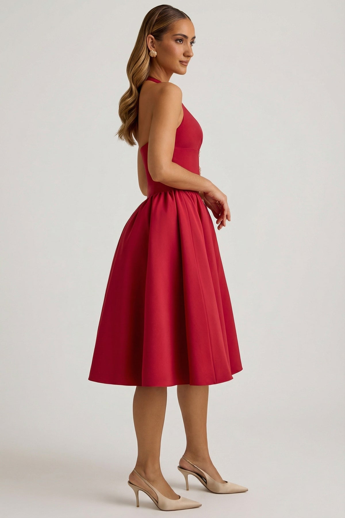 Halterneck Bow-Detail Midi Dress in True Red – view 4