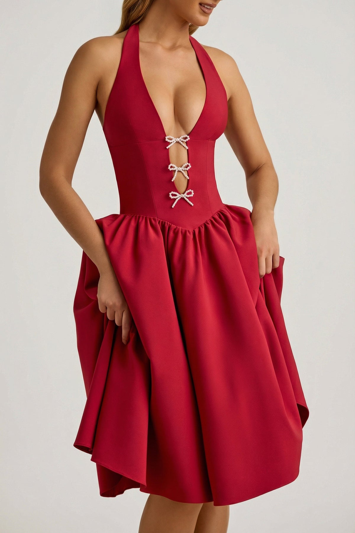 Halterneck Bow-Detail Midi Dress in True Red – view 7