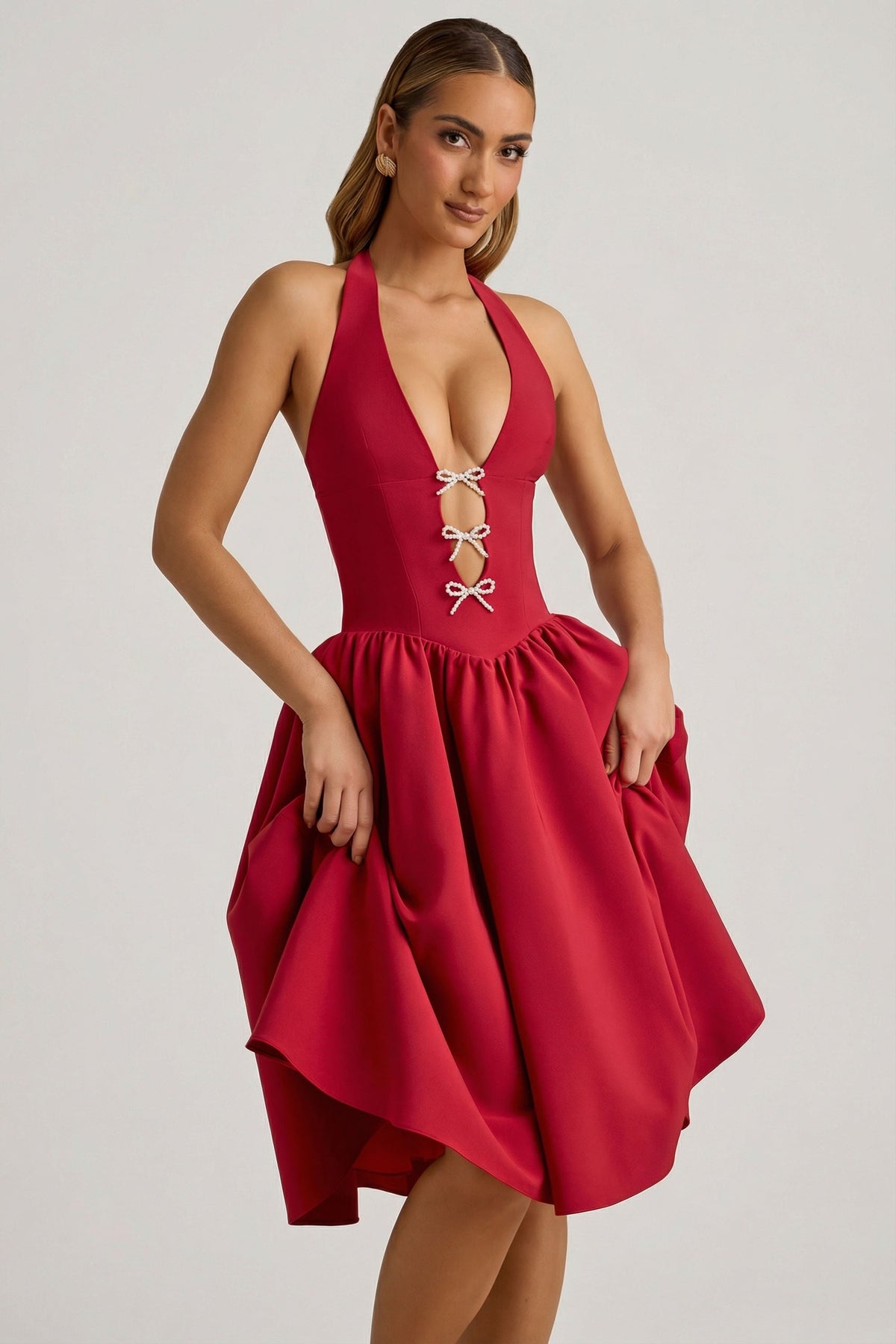 Halterneck Bow-Detail Midi Dress in True Red – view 8